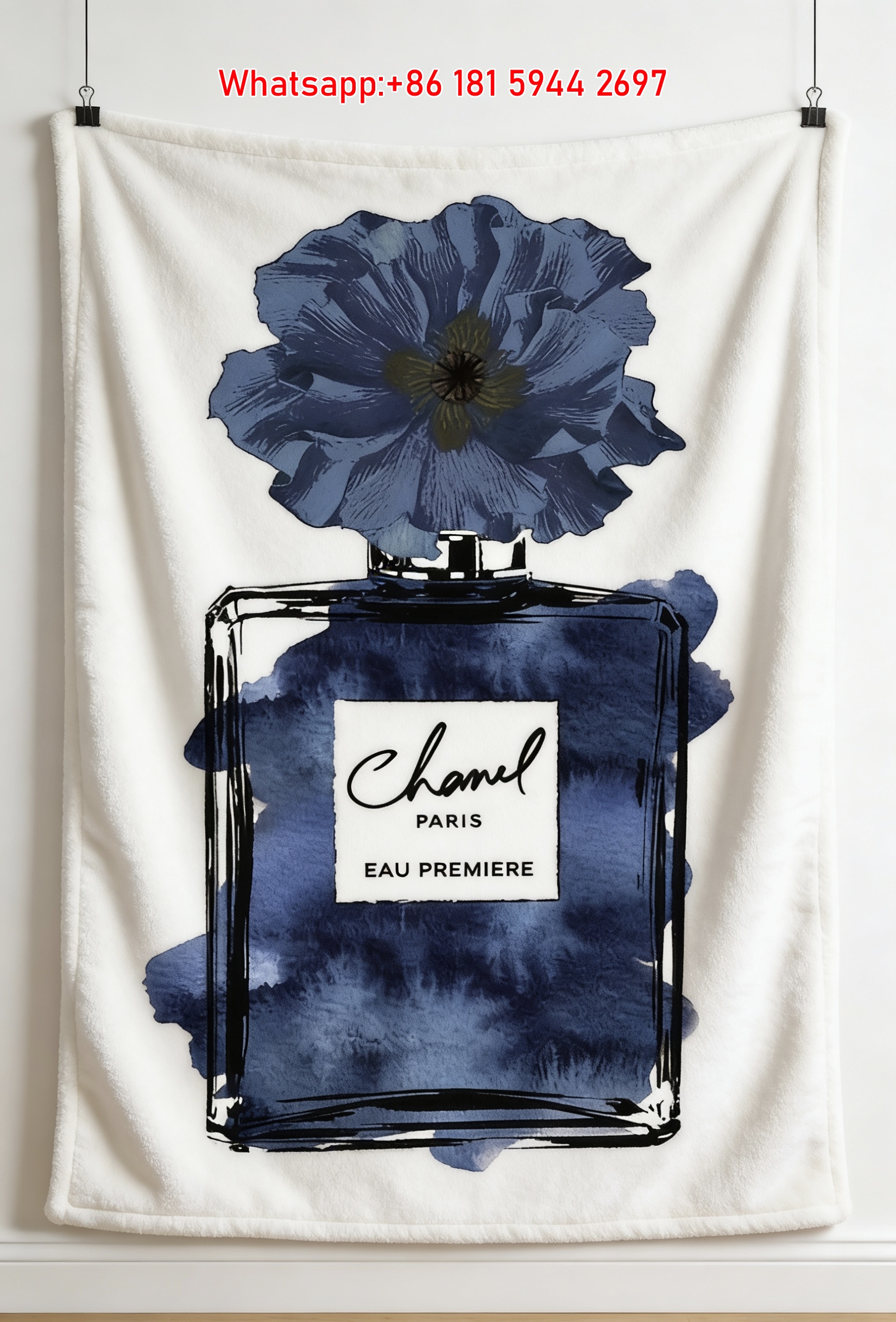 Chanel Eau Première Blue Watercolor Perfume Bottle Flannel Sofa Throw Blanket IMG_6766